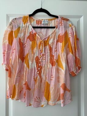 Sabo Skirt Pink & Orange Floral Tie-Front Peasant Blouse